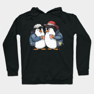 2 penguins wearing a denim jacket and hats holding cups Hoodie